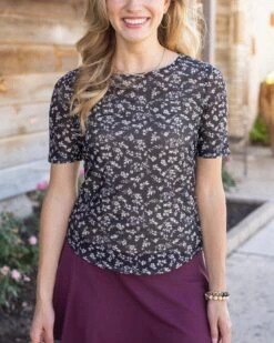 Short Sleeve Mesh Black Ditsy Top