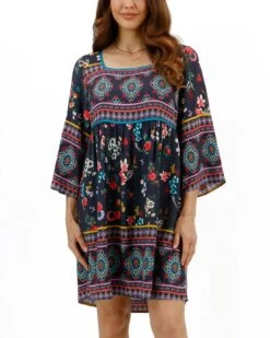 Boho Border Print Dark Floral Dress -Active Aura Shop BohoBorderPrintDress 2
