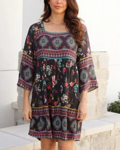 Boho Border Print Dark Floral Dress
