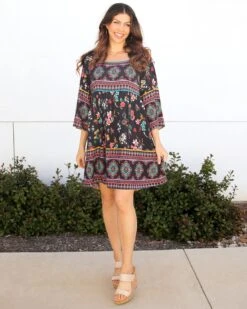 Boho Border Print Dark Floral Dress -Active Aura Shop BohoBorderPrintDress 6