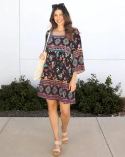 Boho Border Print Dark Floral Dress -Active Aura Shop BohoBorderPrintDress 8