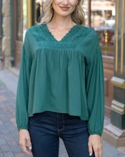 Boho Evergreen Lace Trim Top