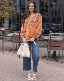 Boho Peasant Top In Apricot Floral -Active Aura Shop BohoPeasantTop 1