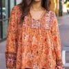 Boho Peasant Top In Apricot Floral -Active Aura Shop BohoPeasantTop 10