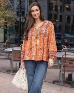 Boho Peasant Top In Apricot Floral -Active Aura Shop BohoPeasantTop 3