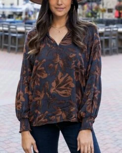 Boho Espresso Floral Smocked Top
