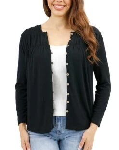 Button Front Black Ruched Top -Active Aura Shop ButtonFrontRuchedTop Black 1