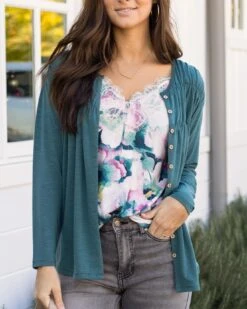 Button Front Sea Green Ruched Top
