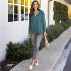 Button Front Sea Green Ruched Top -Active Aura Shop ButtonFrontRuchedTop SeaGreen 15