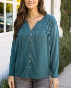 Button Front Sea Green Ruched Top -Active Aura Shop ButtonFrontRuchedTop SeaGreen 17