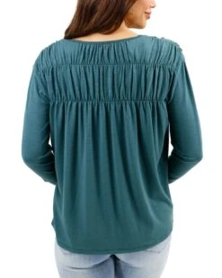 Button Front Sea Green Ruched Top -Active Aura Shop ButtonFrontRuchedTop SeaGreen 2