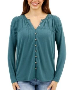 Button Front Sea Green Ruched Top -Active Aura Shop ButtonFrontRuchedTop SeaGreen 4