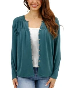 Button Front Sea Green Ruched Top -Active Aura Shop ButtonFrontRuchedTop SeaGreen 6