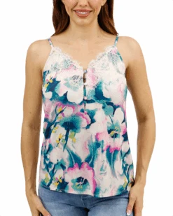 Button Lace Trim Cami In Watercolor Floral 18 Button Lace Trim Cami In Watercolor Floral -Active Aura Shop ButtonLaceTrimCami WatercolorFloral 2