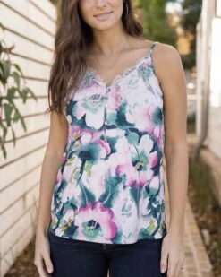 Button Lace Trim Cami In Watercolor Floral
