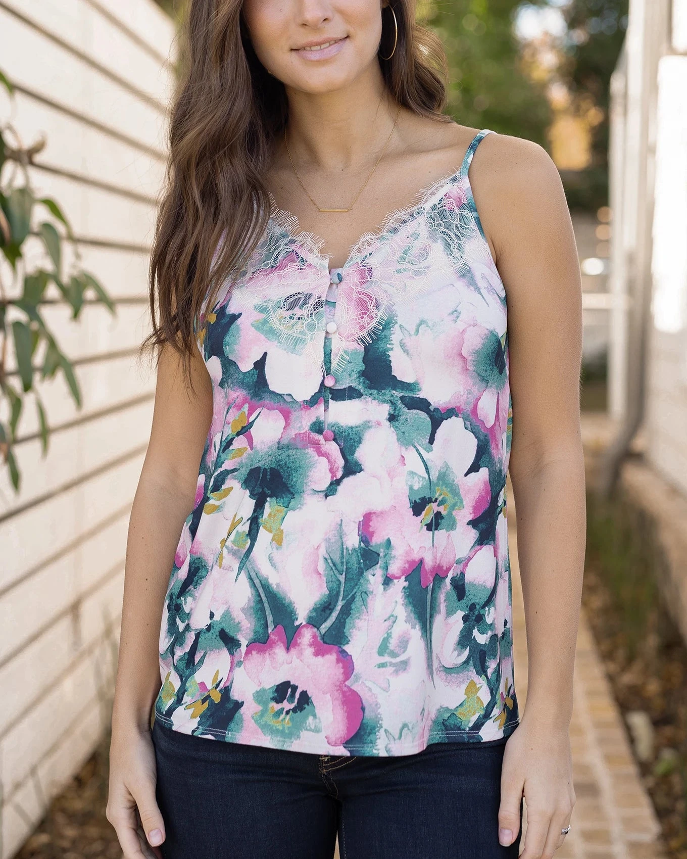 Button Lace Trim Cami In Watercolor Floral 3 Button Lace Trim Cami In Watercolor Floral