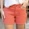 Casual Colored Hot Coral Denim Shorts
