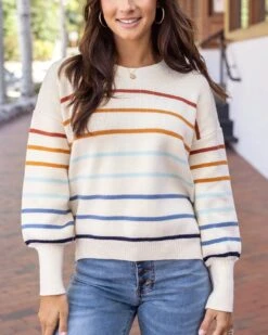 Crew Neck Ivory/Multi Striped Sweater