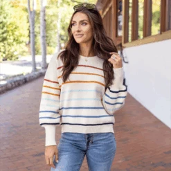 Crew Neck Ivory/Multi Striped Sweater -Active Aura Shop CrewNeckStripedSweater IvoryMultiStripe 9