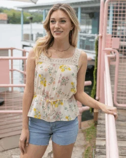 Ivory Floral Crochet Trim Cami -Active Aura Shop CrochetTrimCami IvoryFloral 5