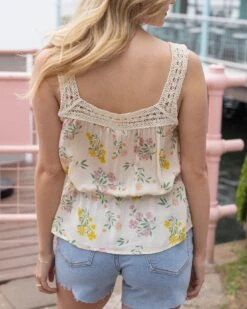 Ivory Floral Crochet Trim Cami -Active Aura Shop CrochetTrimCami IvoryFloral 8