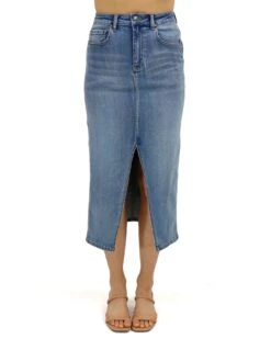 Mid-Wash Denim Midi Skirt - FINAL SALE -Active Aura Shop DenimMeniSkirt MidWash 1