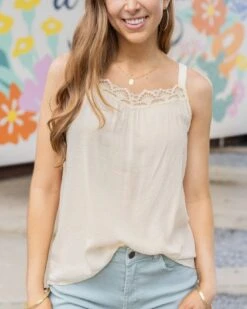 Dobby Dot Vintage Cream Lace Trim Cami - FINAL SALE