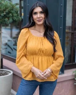 Dobby Dot Honey Gold Peplum Top -Active Aura Shop DobbyDotPeplumTop HoneyGold 3