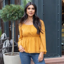 Dobby Dot Honey Gold Peplum Top -Active Aura Shop DobbyDotPeplumTop HoneyGold ad