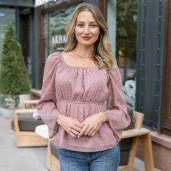 Dobby Dot Rose Dust Peplum Top -Active Aura Shop DobbyDotPeplumTop RoseDust ad