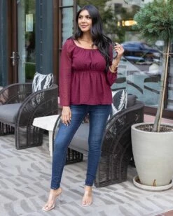 Dobby Dot Zinfandel Peplum Top 14 Dobby Dot Zinfandel Peplum Top -Active Aura Shop DobbyDotPeplumTop Zinfandel 2