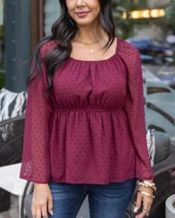 Dobby Dot Zinfandel Peplum Top