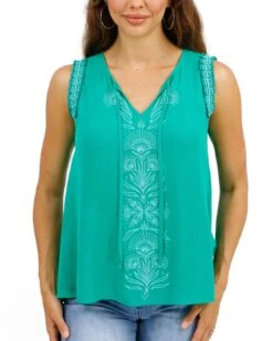 Embroidered Green Gardens Sleeveless Top -Active Aura Shop EmbroideredSleevlessTop GreenGardens 2