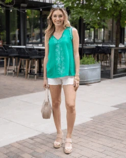 Embroidered Green Gardens Sleeveless Top -Active Aura Shop EmbroideredSleevlessTop GreenGardens 4