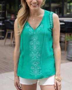 Embroidered Green Gardens Sleeveless Top
