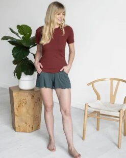 Essential Ribbed Rust Short Sleeve Fitted Tee -Active Aura Shop EssentialRibbed ShortSleeveFittedTee Rust 2