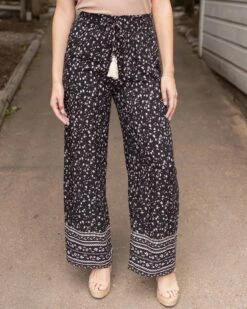 Floral Print Black Wide Leg Pants
