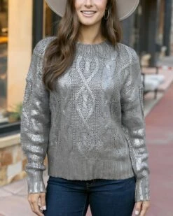 Foiled Cable Knit Champagne Shimmer Sweater