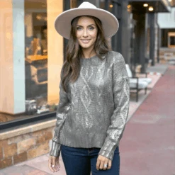 Foiled Cable Knit Champagne Shimmer Sweater -Active Aura Shop FoiledCableKnitSweater ChampagneShimmer 15