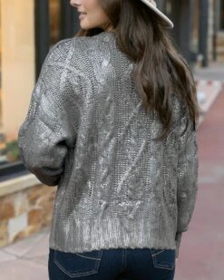 Foiled Cable Knit Champagne Shimmer Sweater -Active Aura Shop FoiledCableKnitSweater ChampagneShimmer 2