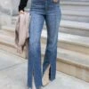 Front Slit Aged Mid-Wash Jeans