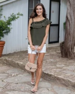 Havana One Shoulder Ruffle Top In Deep Green -Active Aura Shop HavanaOneShoulderRuffleTop DeepGreen 2 de1ac1d2 f513 4ba1 a113 6f2baac4f158