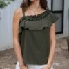 Havana One Shoulder Ruffle Top In Deep Green -Active Aura Shop HavanaOneShoulderRuffleTop DeepGreen 4