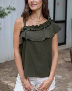 Havana One Shoulder Ruffle Top In Deep Green