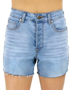 High Rise Button Fly Shorts In Light Mid-Wash -Active Aura Shop HighRiseButtonFlyShortsinLightMidWash