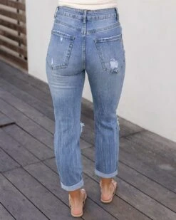 High-Rise Girlfriend Jeans In Distressed Mid-Wash - FINAL SALE -Active Aura Shop HighRiseGirlfriendJeans MidWash Distressed 18