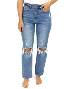High-Rise Girlfriend Jeans In Distressed Mid-Wash - FINAL SALE -Active Aura Shop HighRiseGirlfriendJeans MidWash Distressed 3