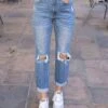 High-Rise Girlfriend Jeans In Distressed Mid-Wash - FINAL SALE
