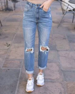 High-Rise Girlfriend Jeans In Distressed Mid-Wash - FINAL SALE
