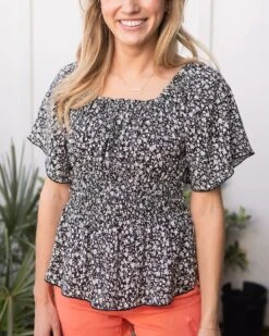 Josie Smocked Top In Black Ditsy